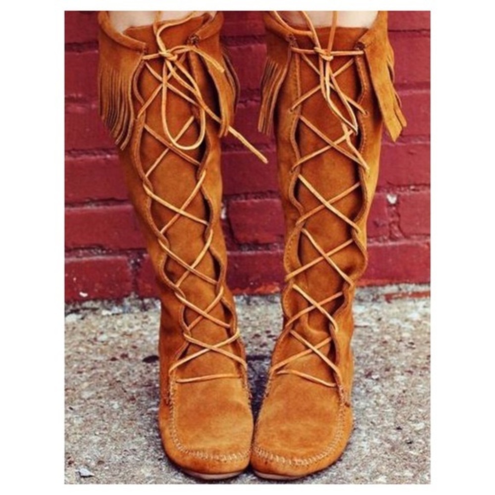 Minnetonka tall lace up moccasins with fringe